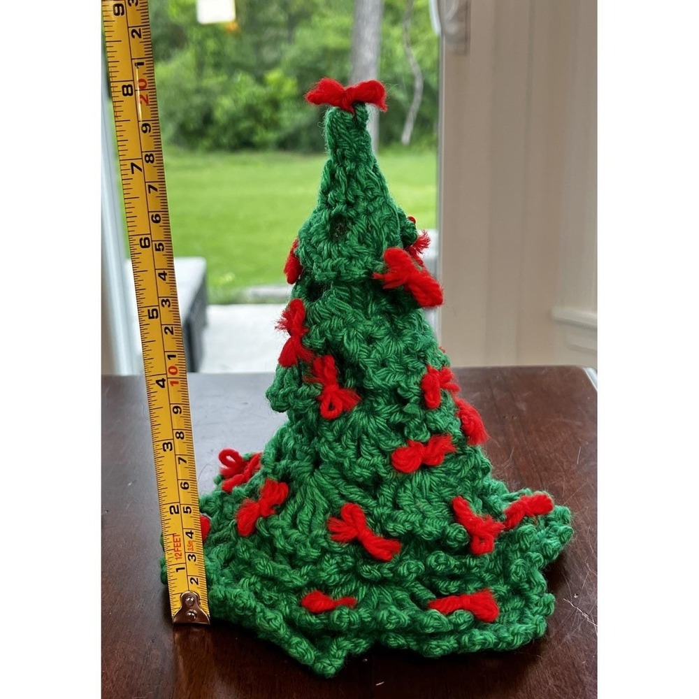 Vintage Crocheted Christmas Trees Green, White, Red Bows And Red Candle Handmade - Picture 7 of 10